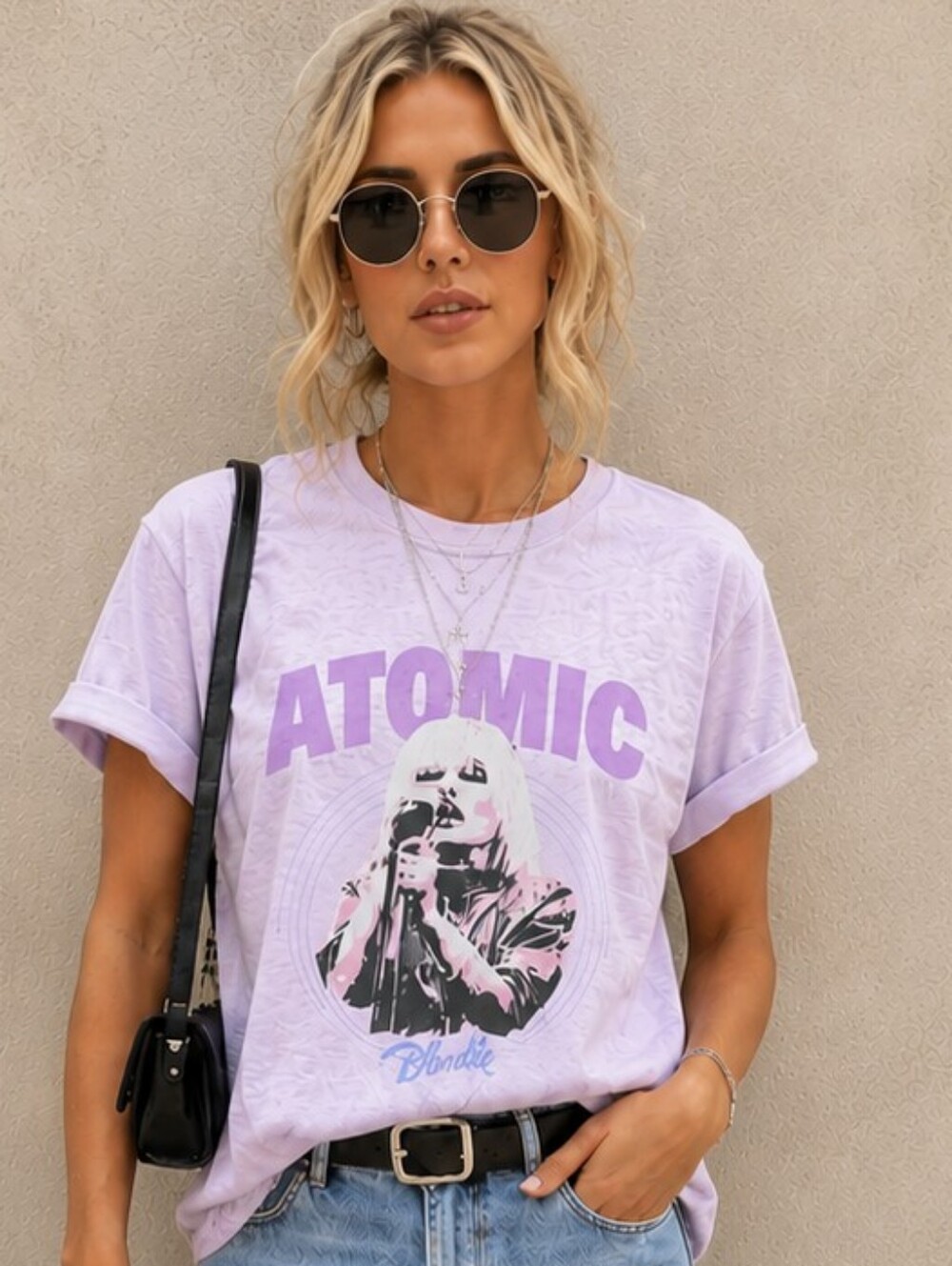 RECYCLED KARMA LILAC ATOMIC BLONDIE GRAPHIC BAND TEE SIZE SMALL NWOT